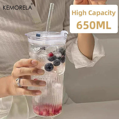600ml Striped Glass Cup with Lid & Straw – Transparent Drinking Glass for Juice, Iced Coffee & Water, Outdoor Drinkware