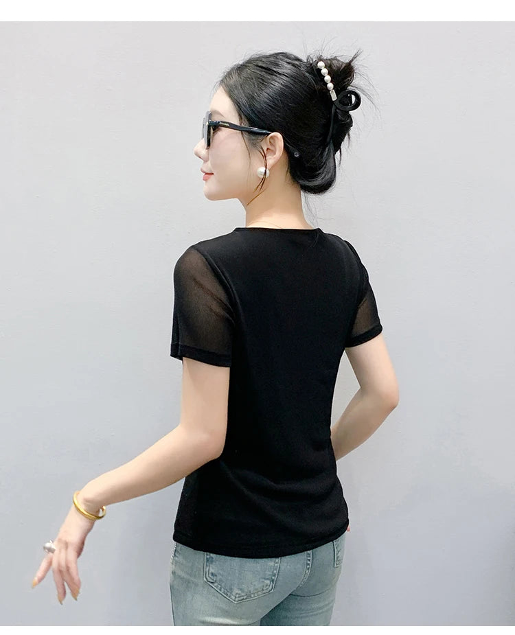 Korean Fashion Hot Diamond T Shirt Summer Casual Skew Neck Mesh Tops Beaded Short Sleeve Women Tees