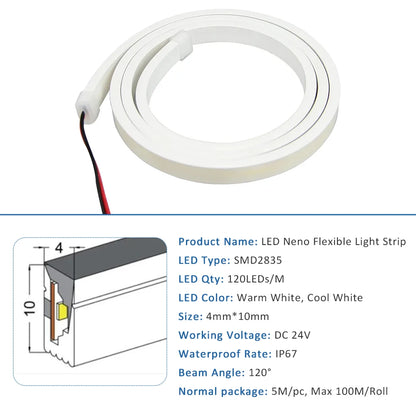 4X10mm LED Neon Flexible Strip Light 24V SMD2835 120LEDs IP67 Silicone Tube Lamp Waterproof 5M 10M 100M Flex Rope Sign Lighting