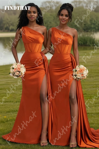 Findthat High Slit Mermaid Bridesmaid Dress for Party One Shoulder Orange Long Evening Prom Dress Wedding Guest Dress Customized
