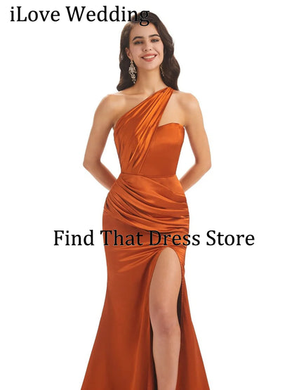 One Shoulder Pleated Floor Length Evening Dress Sheath Side Slilt Bridesmaid Dress for Wedding Party Gown vestidos de Customized