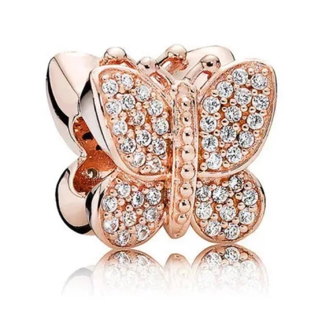 Rose Gold Fine Plated Pink Clip Dasiy Butterfly Dragonfly DIY Charms Fit Original Sterling Silver 925 Bracelet For Women Jewelry