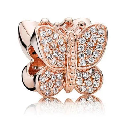 Rose Gold Fine Plated Pink Clip Dasiy Butterfly Dragonfly DIY Charms Fit Original Sterling Silver 925 Bracelet For Women Jewelry