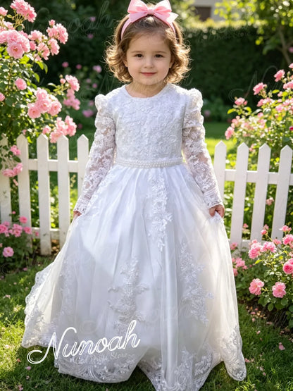 White Flower Girl Dresses for Wedding Bow Lace Appliques Floor Length Girls Kids Birthday Party Communion Party Gowns Customized