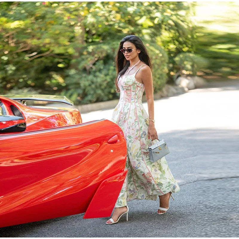 Women Elegant Printed Halter Long Sling Dress Sexy V-neck Sleeveless High Waist Slim A-line Dresses Lady Evening Party Dress