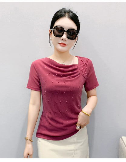 Korean Fashion Hot Diamond T Shirt Summer Casual Skew Neck Mesh Tops Beaded Short Sleeve Women Tees