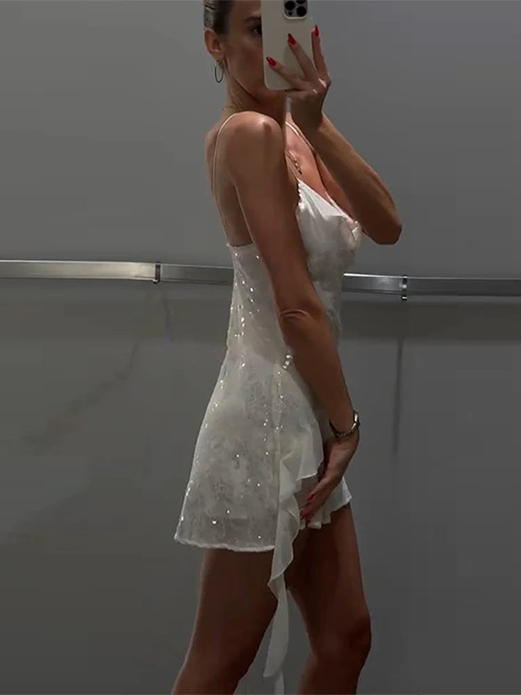 Women's Sexy Sequin Ruffle Short Dress Slim Spaghetti Strap Sleeveless Backless Party Gown for Summer 2025 Elegant Female Dress