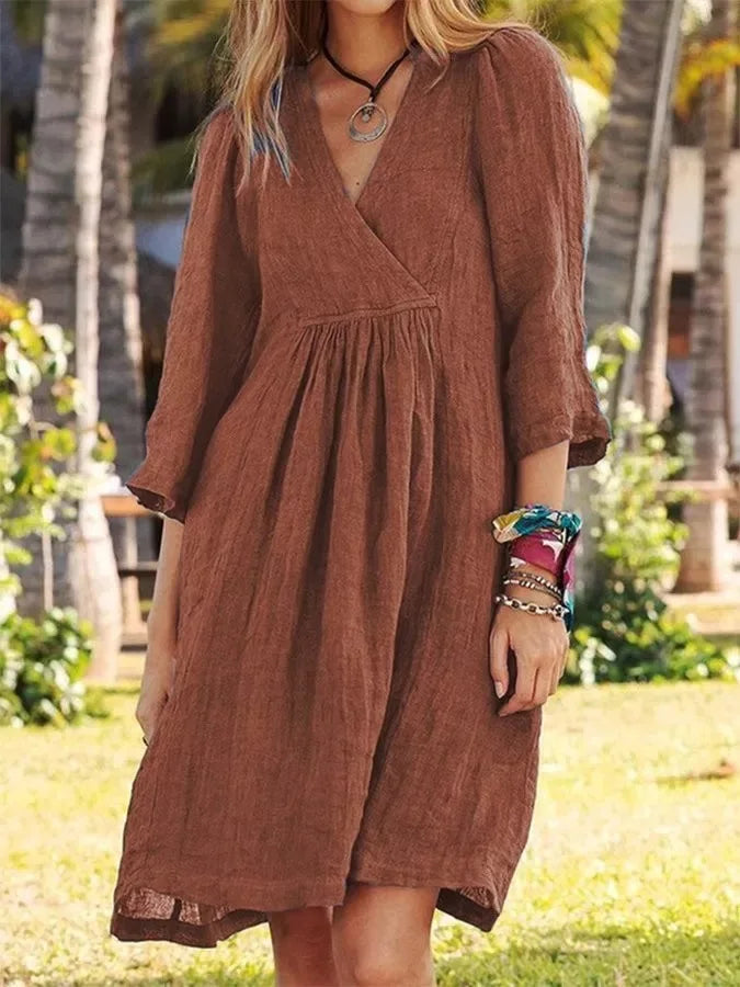 Cotton Linen Solid Color Dress Women's Spring Summer Seven Quarter Sleeve Sexy V-neck Casual Loose Mid Length Dress