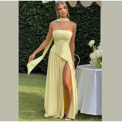 Elegant Off-shoulder Strapless Yellow Long Dresses 2025 Summer Party Dress Women Pleat Scarf Neck Holiday Evening Lady Vestidos
