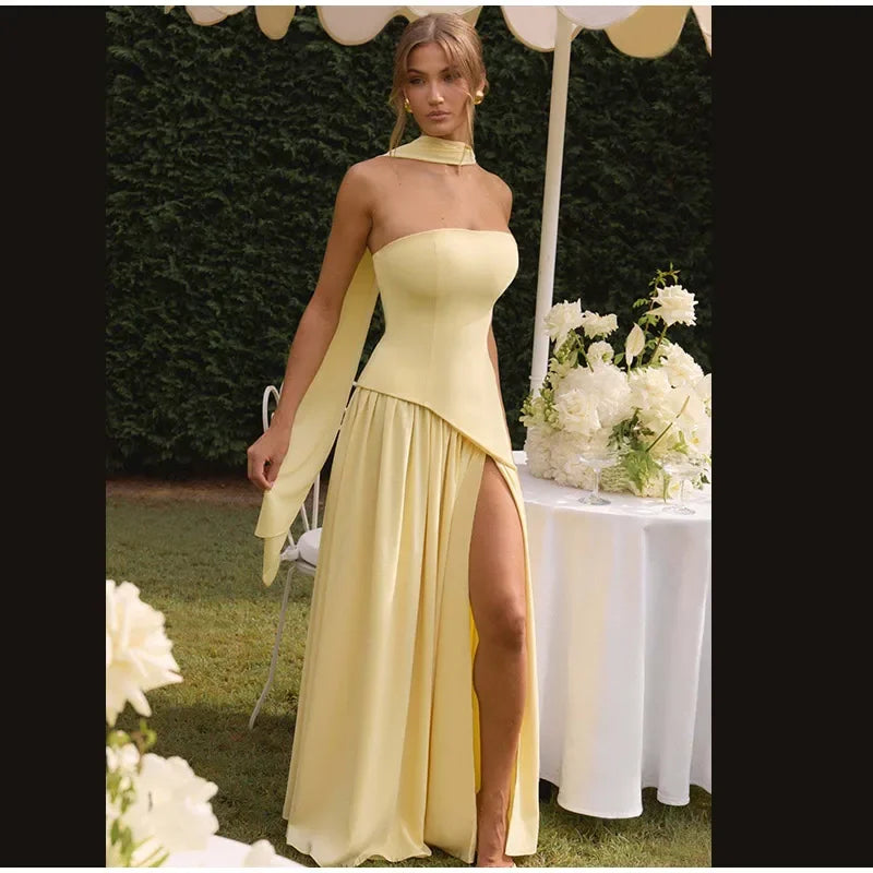 Elegant Off-shoulder Strapless Yellow Long Dresses 2025 Summer Party Dress Women Pleat Scarf Neck Holiday Evening Lady Vestidos