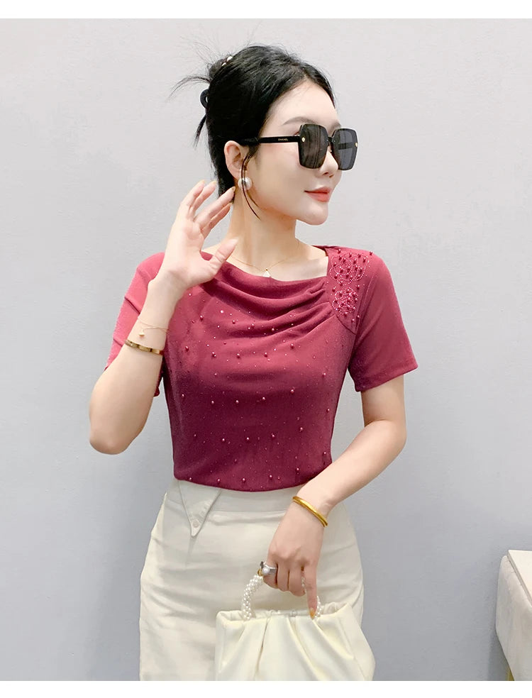 Korean Fashion Hot Diamond T Shirt Summer Casual Skew Neck Mesh Tops Beaded Short Sleeve Women Tees