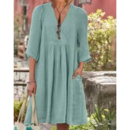 Cotton Linen Solid Color Dress Women's Spring Summer Seven Quarter Sleeve Sexy V-neck Casual Loose Mid Length Dress