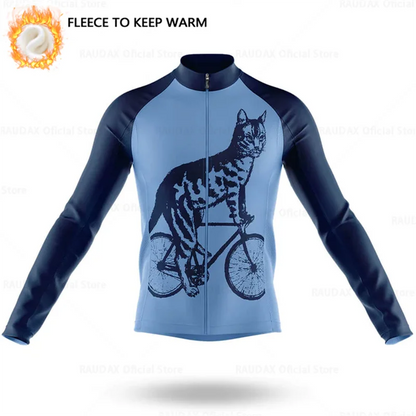 Cartoon Cat Winter Cycling Jersey Men Thermal Fleece Long Sleeve Race Sweatshirt MTB Cycling Clothing Ropa Ciclismo Bike Jacket