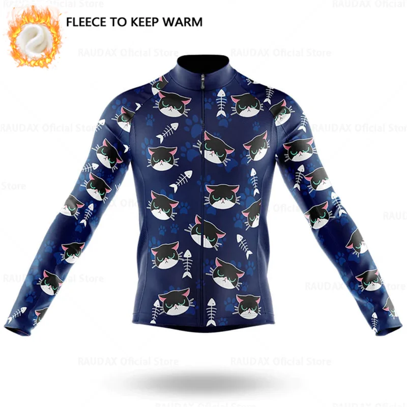 Cartoon Cat Winter Cycling Jersey Men Thermal Fleece Long Sleeve Race Sweatshirt MTB Cycling Clothing Ropa Ciclismo Bike Jacket