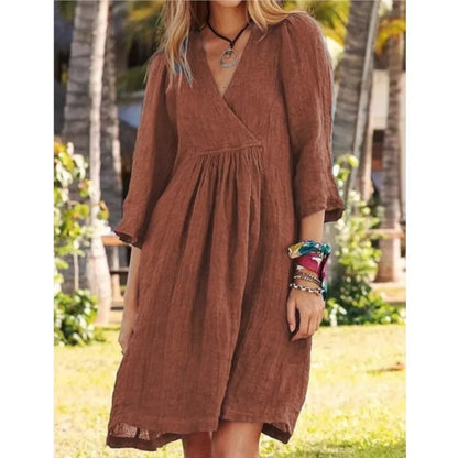 Cotton Linen Solid Color Dress Women's Spring Summer Seven Quarter Sleeve Sexy V-neck Casual Loose Mid Length Dress