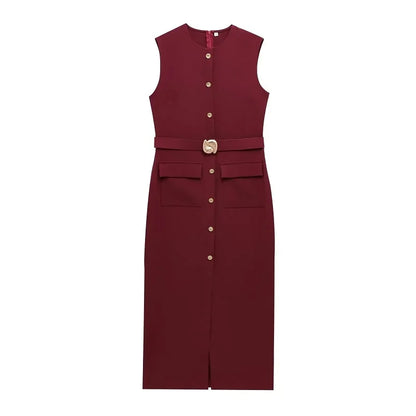 MUJER 2025 Women's Dress Summer Sleeveless Midi Dress Woman Red Black Office Long Dresses for Women Chic Belt Button Dress Women