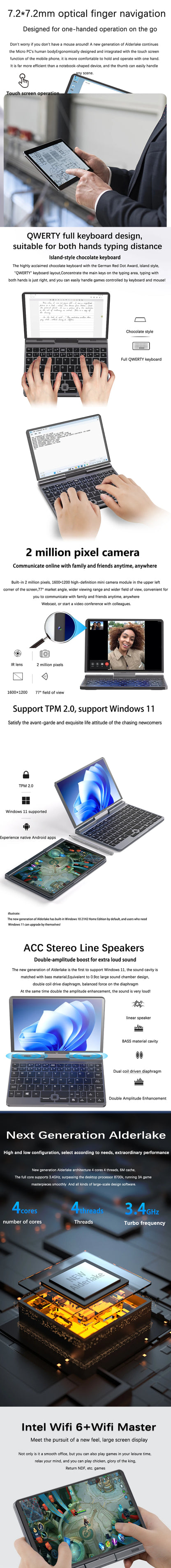 Touch Screen Laptop 8 Inch Mini Notebook Intel N95 Quad 12GB LPDDR5 1TB 4800MHz Windows11Pro AX WiFi6 BT5.2 RJ45 LAN