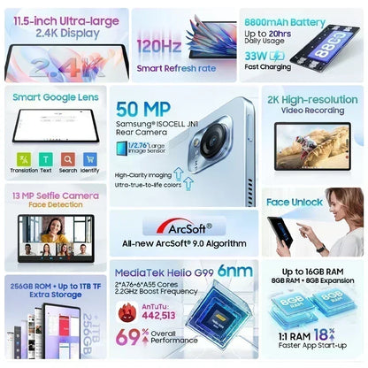 MEGA 1 Tablets Blackview 11.5 inch 2.4K 120Hz Display 8GB/12GB 256GB 50MP Camera 33W Fast Charging 8800mAh Battery MTK Helio G99