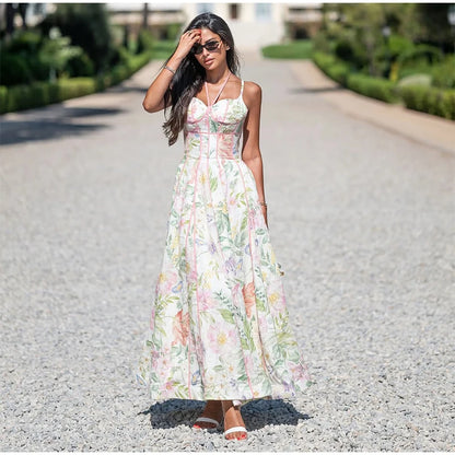 Women Elegant Printed Halter Long Sling Dress Sexy V-neck Sleeveless High Waist Slim A-line Dresses Lady Evening Party Dress