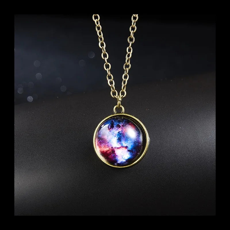 Fashion New Galaxy Nebula Universe Luminous Double-sided Retro Pendant Necklace Creative Starry Sky Light Luxury Geometry