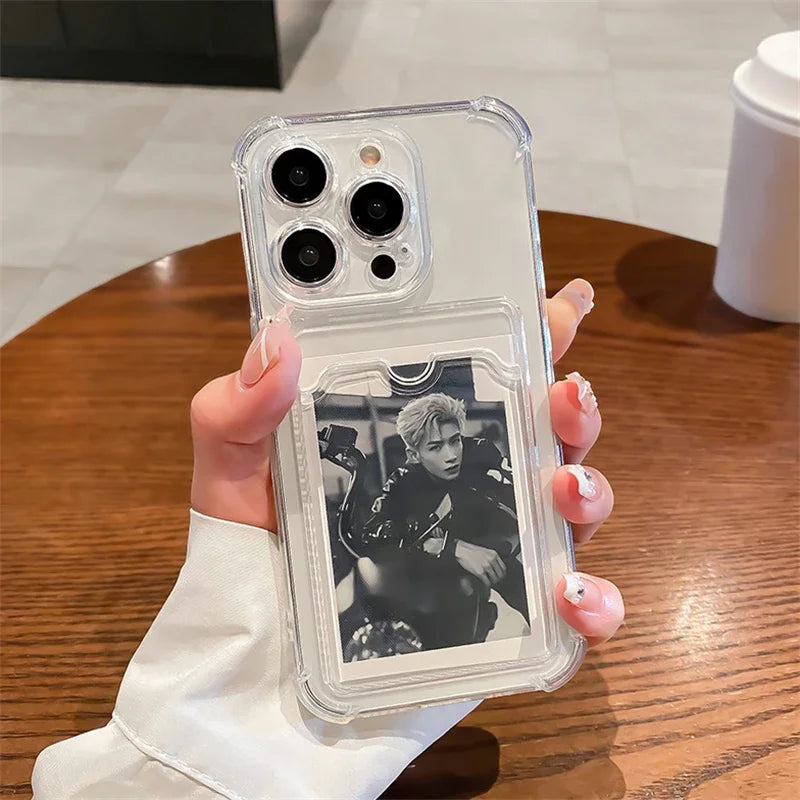 Transparent Card Wallet Slot Bag Holder Case For iPhone 16 15 14 13 12 11 Pro Max Mini X XR 7 8 Plus Clear Shockproof Soft Cover