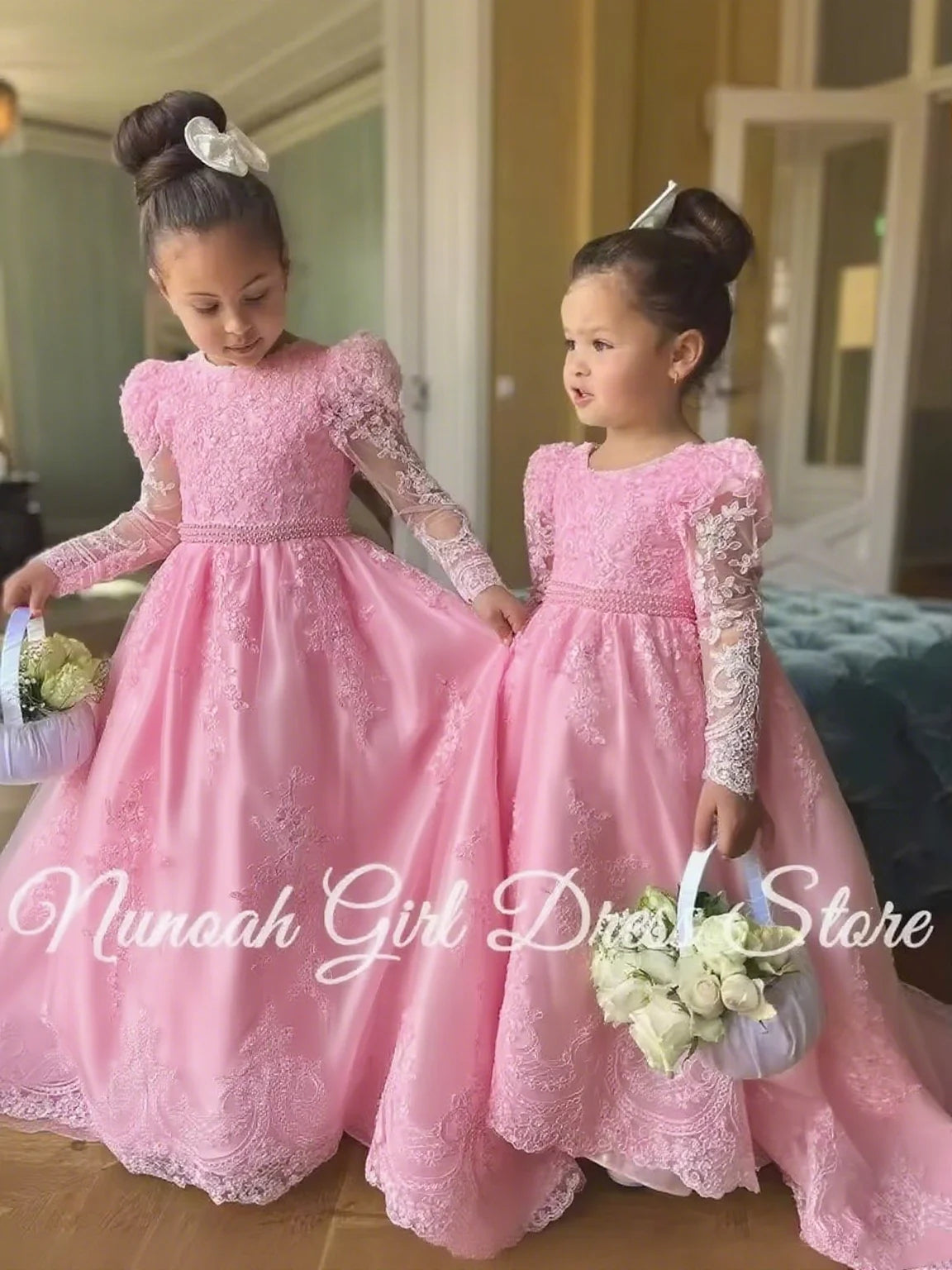 White Flower Girl Dresses for Wedding Bow Lace Appliques Floor Length Girls Kids Birthday Party Communion Party Gowns Customized