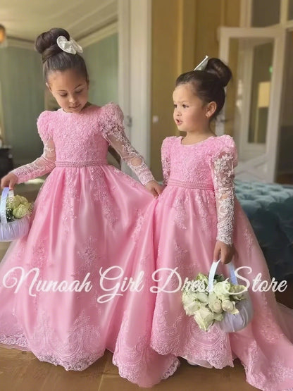 White Flower Girl Dresses for Wedding Bow Lace Appliques Floor Length Girls Kids Birthday Party Communion Party Gowns Customized
