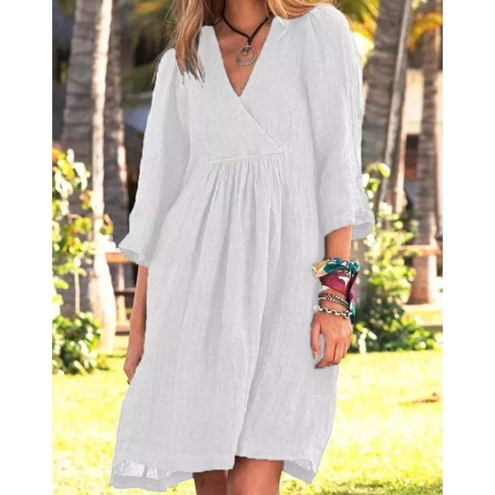 Cotton Linen Solid Color Dress Women's Spring Summer Seven Quarter Sleeve Sexy V-neck Casual Loose Mid Length Dress