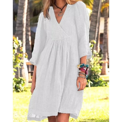 Cotton Linen Solid Color Dress Women's Spring Summer Seven Quarter Sleeve Sexy V-neck Casual Loose Mid Length Dress