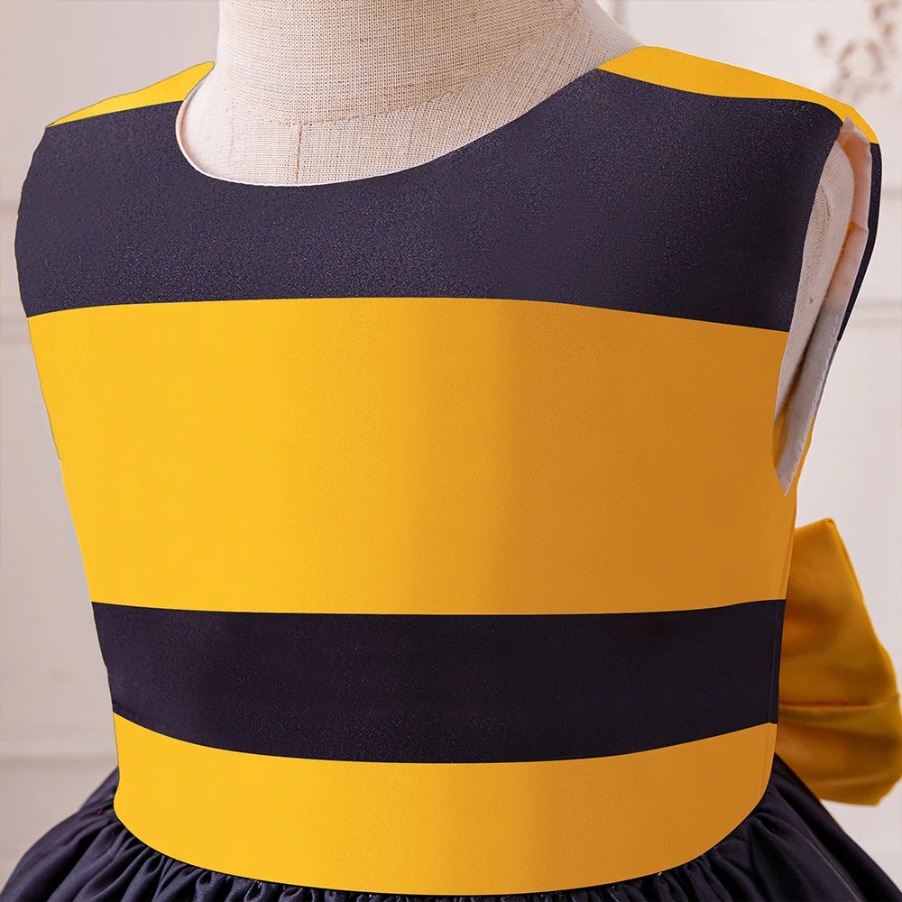 Yellow Honey Bee Tutu Party Dress For Baby Girl Kids Bee Stripe Summer Casual Dresses Children Bow Daily Holiday Gown Girls Wear