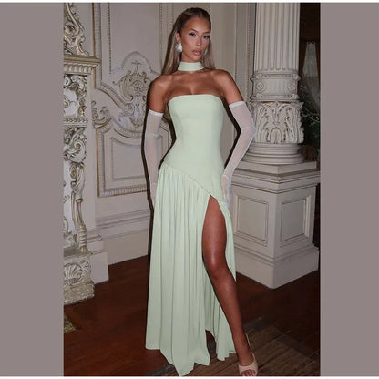 Elegant Off-shoulder Strapless Yellow Long Dresses 2025 Summer Party Dress Women Pleat Scarf Neck Holiday Evening Lady Vestidos