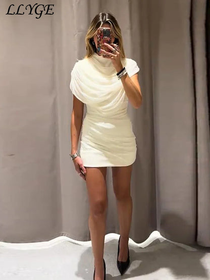 Elegant Mesh Shawl Short Dress Women Pleated Half High Collar Sleeveless Female Dresses 2026 Spring Lady Chic Party Gowns New