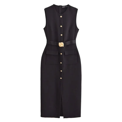 MUJER 2025 Women's Dress Summer Sleeveless Midi Dress Woman Red Black Office Long Dresses for Women Chic Belt Button Dress Women
