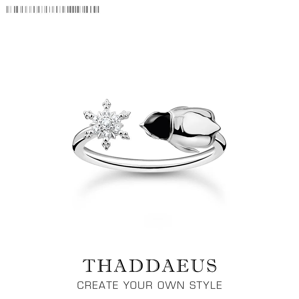 Ring Snowflakes and Penguin Europe Style Cute Fine Jewelry For Women Brand New Pure 925 Sterling Silver Gift