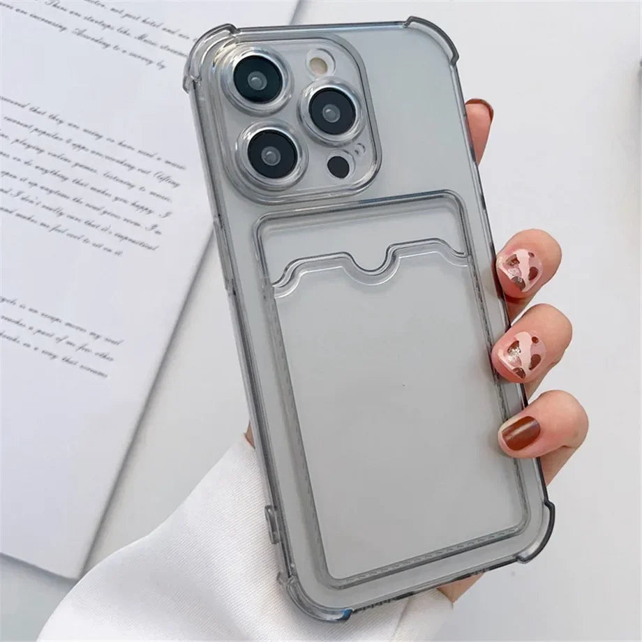 Transparent Card Wallet Slot Bag Holder Case For iPhone 16 15 14 13 12 11 Pro Max Mini X XR 7 8 Plus Clear Shockproof Soft Cover