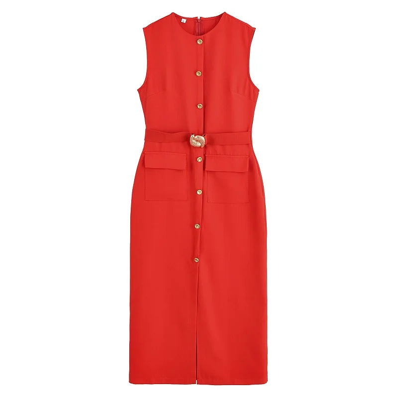 MUJER 2025 Women's Dress Summer Sleeveless Midi Dress Woman Red Black Office Long Dresses for Women Chic Belt Button Dress Women