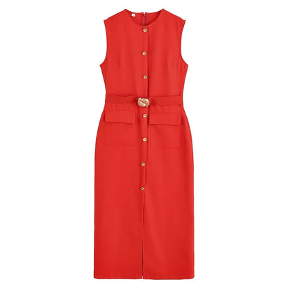 MUJER 2025 Women's Dress Summer Sleeveless Midi Dress Woman Red Black Office Long Dresses for Women Chic Belt Button Dress Women