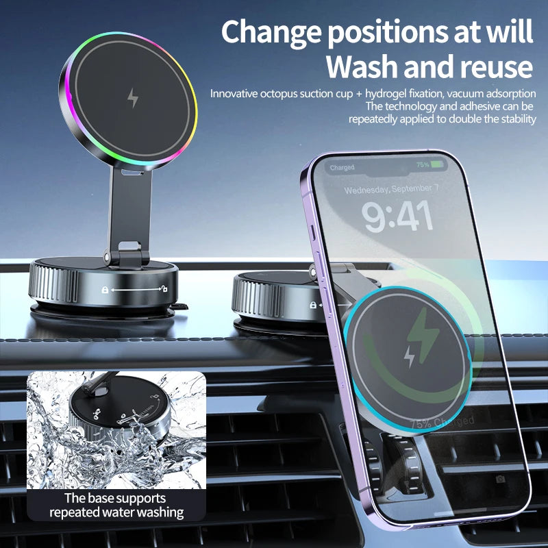 15W Vacuum Suction Cooling Magnetic Wireless Charger Car Phone Holder Mount 360 Rotatable Compatible with Smartphones for iPhone