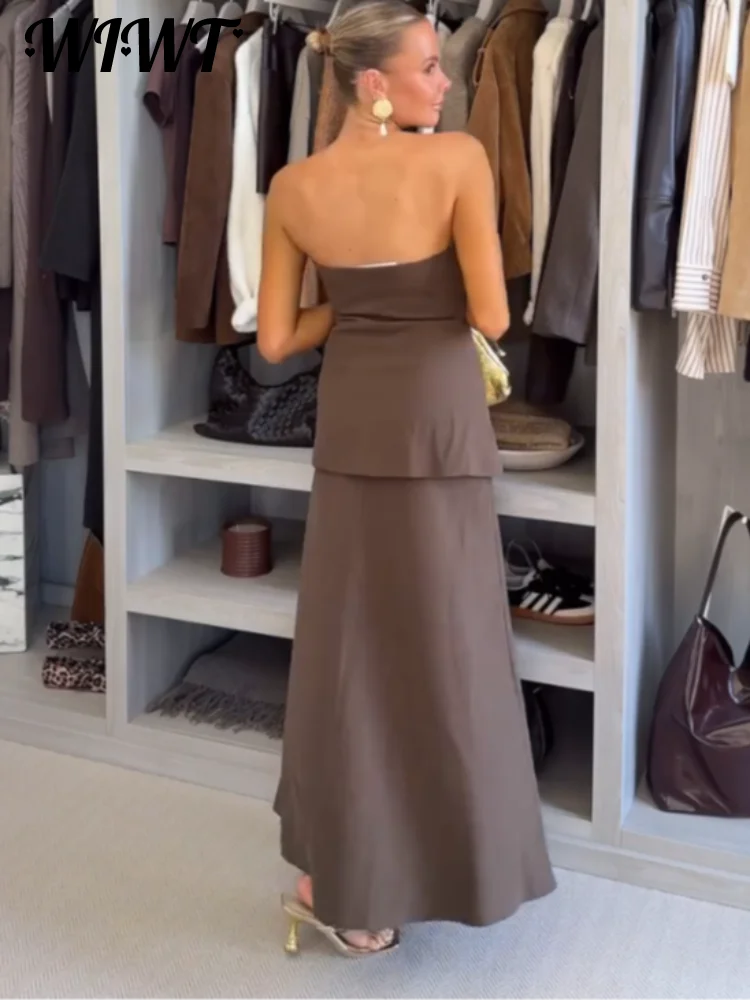 Vintage Patchwork Strapless Long Robes Women's Slim Backless Solid A-line Chest Wrap Dress 2025 Summer New Female Dresses