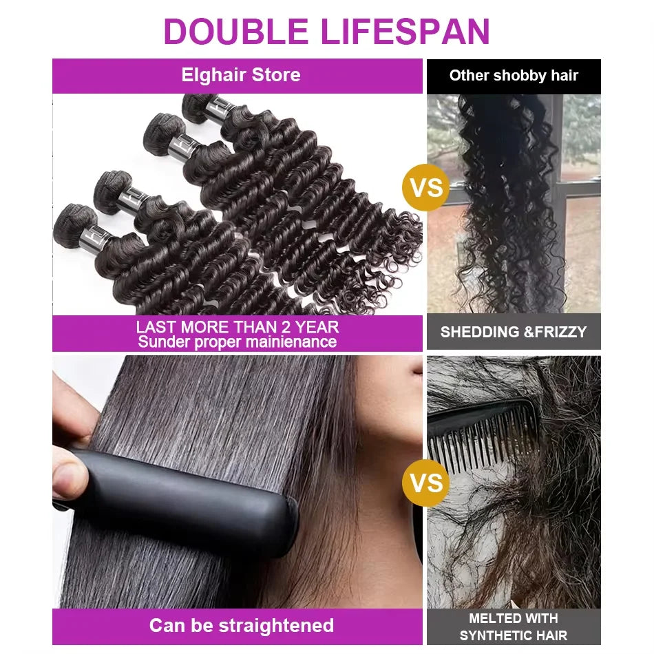 Deep Wave Human Hair Bundles Curly Hair 30Inch Brazilian Weaving Raw Virgin 100% Unprocessed Double Weft Hair Bundles Extensions