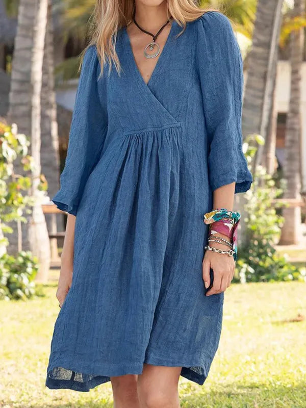 Cotton Linen Solid Color Dress Women's Spring Summer Seven Quarter Sleeve Sexy V-neck Casual Loose Mid Length Dress