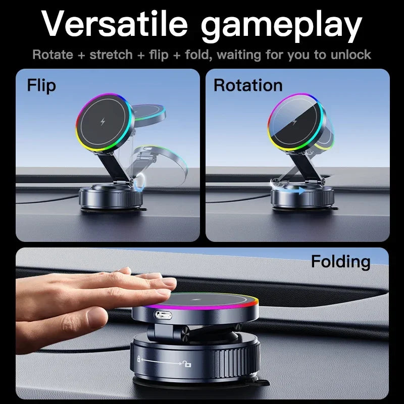 15W Vacuum Suction Cooling Magnetic Wireless Charger Car Phone Holder Mount 360 Rotatable Compatible with Smartphones for iPhone