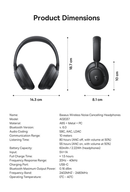 Baseus Bass EH10 NC Wireless Headphones Bluetooth 6.0 Noise Canceling 45dB Over Ear HeadsetSpatial Audio Earphone 80H Time