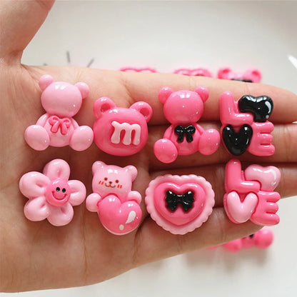 10PCS Shiny Rose Red Bear Flower Miniature Resin Flat Back Cabochons For Hairpin Scrapbooking DIY Home Decor Craft Accessories