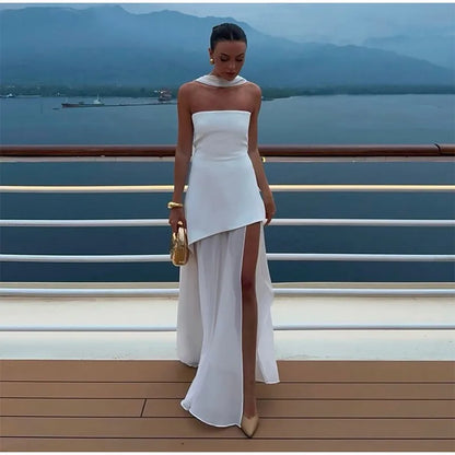 Elegant Off-shoulder Strapless Yellow Long Dresses 2025 Summer Party Dress Women Pleat Scarf Neck Holiday Evening Lady Vestidos