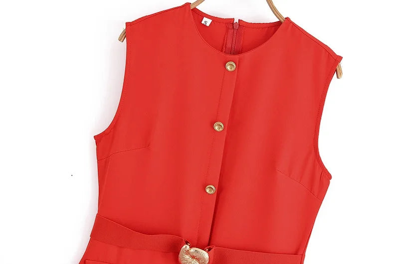 MUJER 2025 Women's Dress Summer Sleeveless Midi Dress Woman Red Black Office Long Dresses for Women Chic Belt Button Dress Women