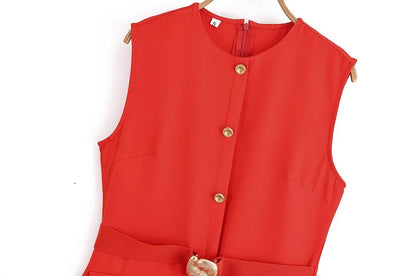 MUJER 2025 Women's Dress Summer Sleeveless Midi Dress Woman Red Black Office Long Dresses for Women Chic Belt Button Dress Women