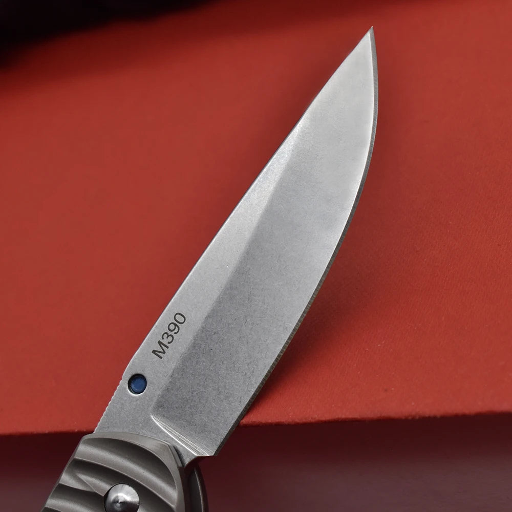 M390 Steel Folding Knife, Ball Bearing, Stonewashed Titanium Alloy, High Hardness Sharp EDC Survival Tool for Outdoor Camping