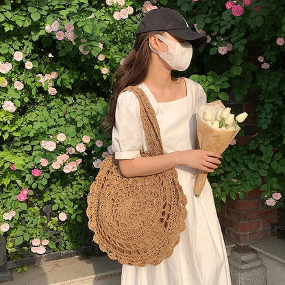 Bohemian Straw Bags for Women Circle Beach Handbags Summer Rattan Shoulder Bags Handmade Knitted Travel Big Totes Bag New