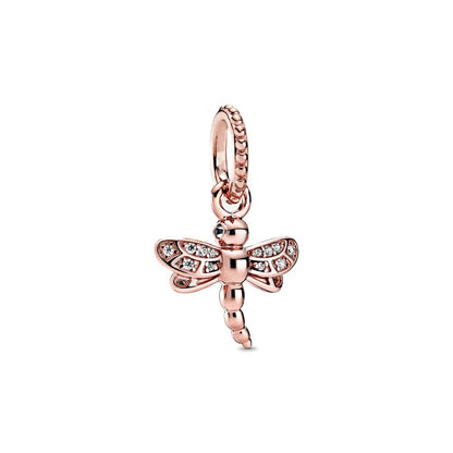 Rose Gold Fine Plated Pink Clip Dasiy Butterfly Dragonfly DIY Charms Fit Original Sterling Silver 925 Bracelet For Women Jewelry